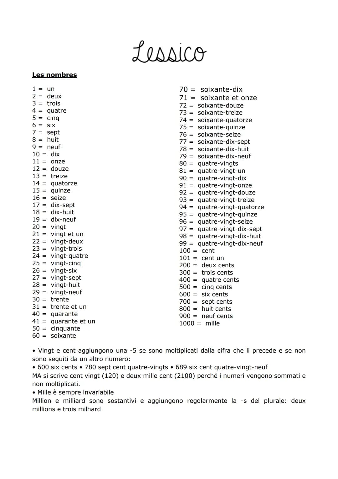 # Les nombres
Lessico
1 = un
70 = soixante-dix
2 = deux
71 = soixante et onze
3 = trois
72 = soixante-douze
4 = quatre
73 = soixante-treize