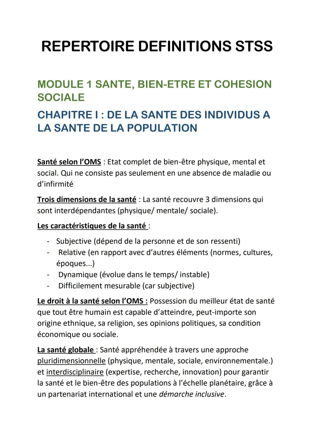 # REPERTOIRE DEFINITIONS STSS
MODULE 1 SANTE, BIEN-ETRE ET COHESION
SOCIALE
CHAPITRE I: DE LA SANTE DES INDIVIDUS A
LA SANTE DE LA POPULAT
