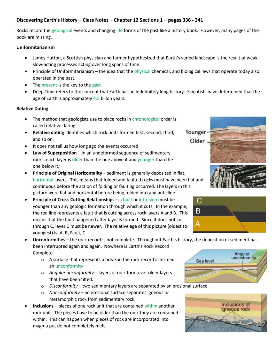 # Discovering Earth's History - Class Notes - Chapter 12 Sections 1 - pages 336 - 341
Rocks record the geological events and changing life