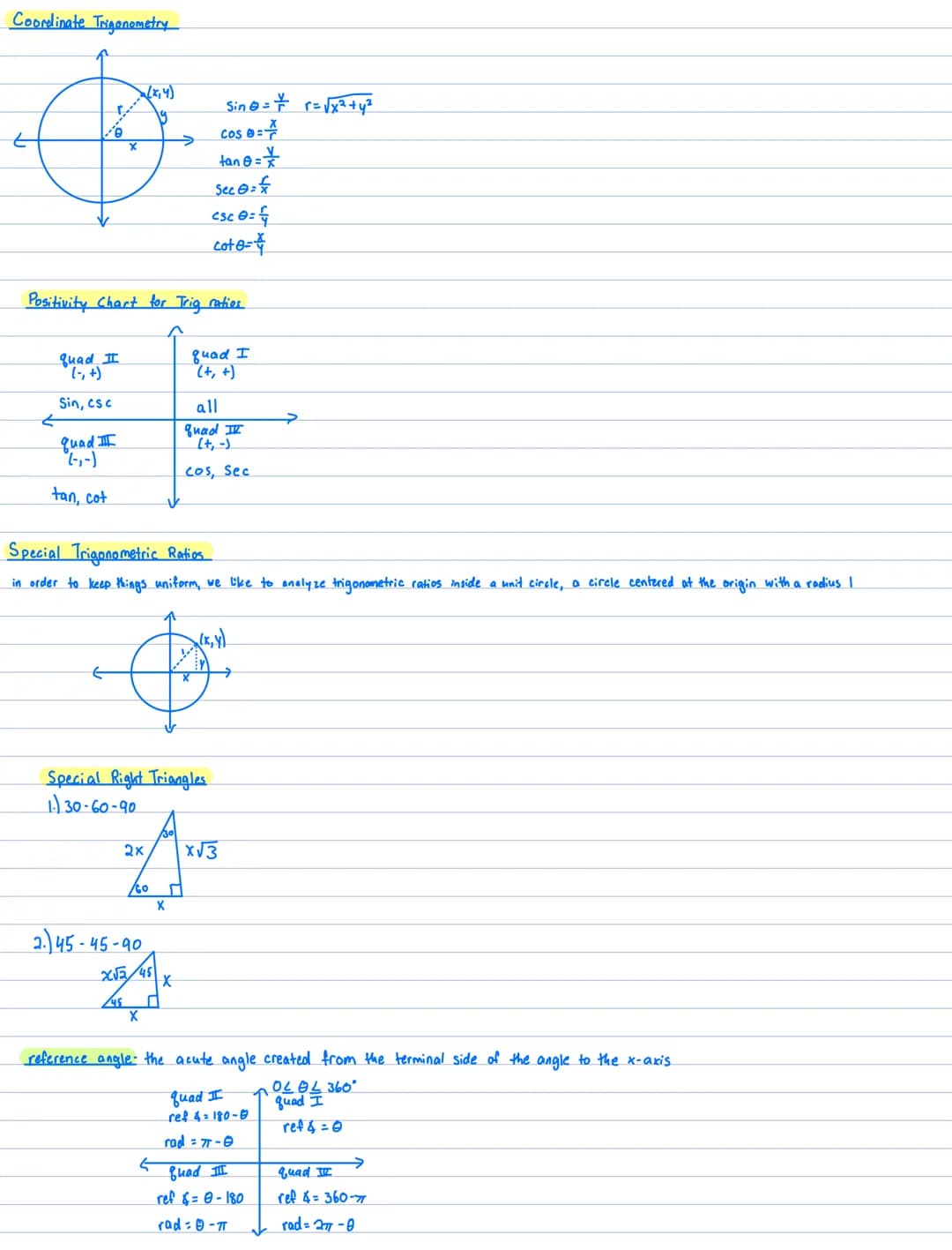 trigonometry relationship of the ratio of sides of a right triangle
hypotenuse
opposite
leg
adjacent
leg
-theta
sine ratio
Sin (0) = $\fr