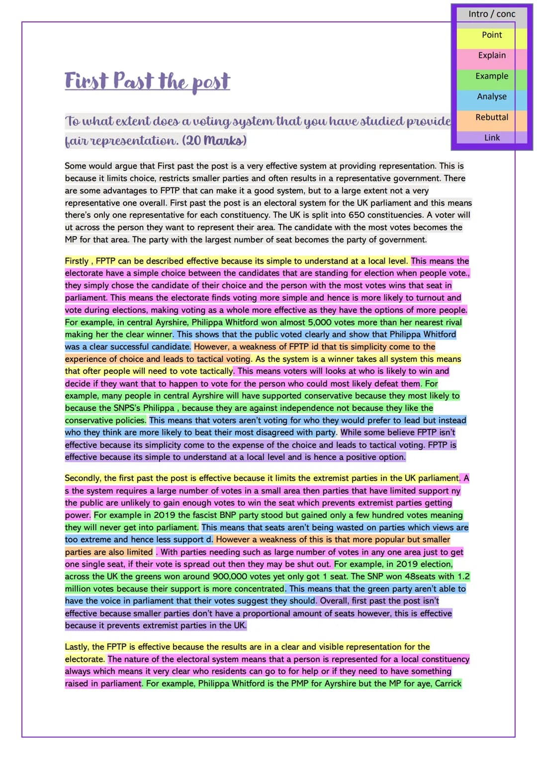 Intro/conc
Point
Explain
Example
First Past the post
To what extent does a voting system that you have studied provide
fair representation.
