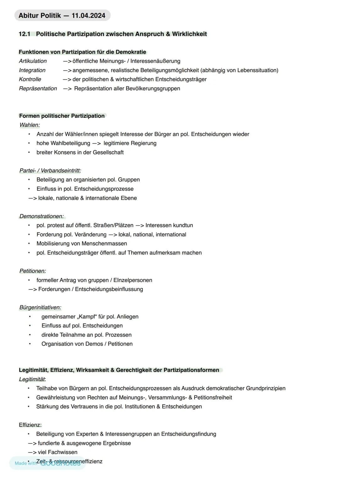 # Abitur Politik 11.04.2024
## 12.1 Politische Partizipation zwischen Anspruch & Wirklichkeit
Funktionen von Partizipation für die Demokra