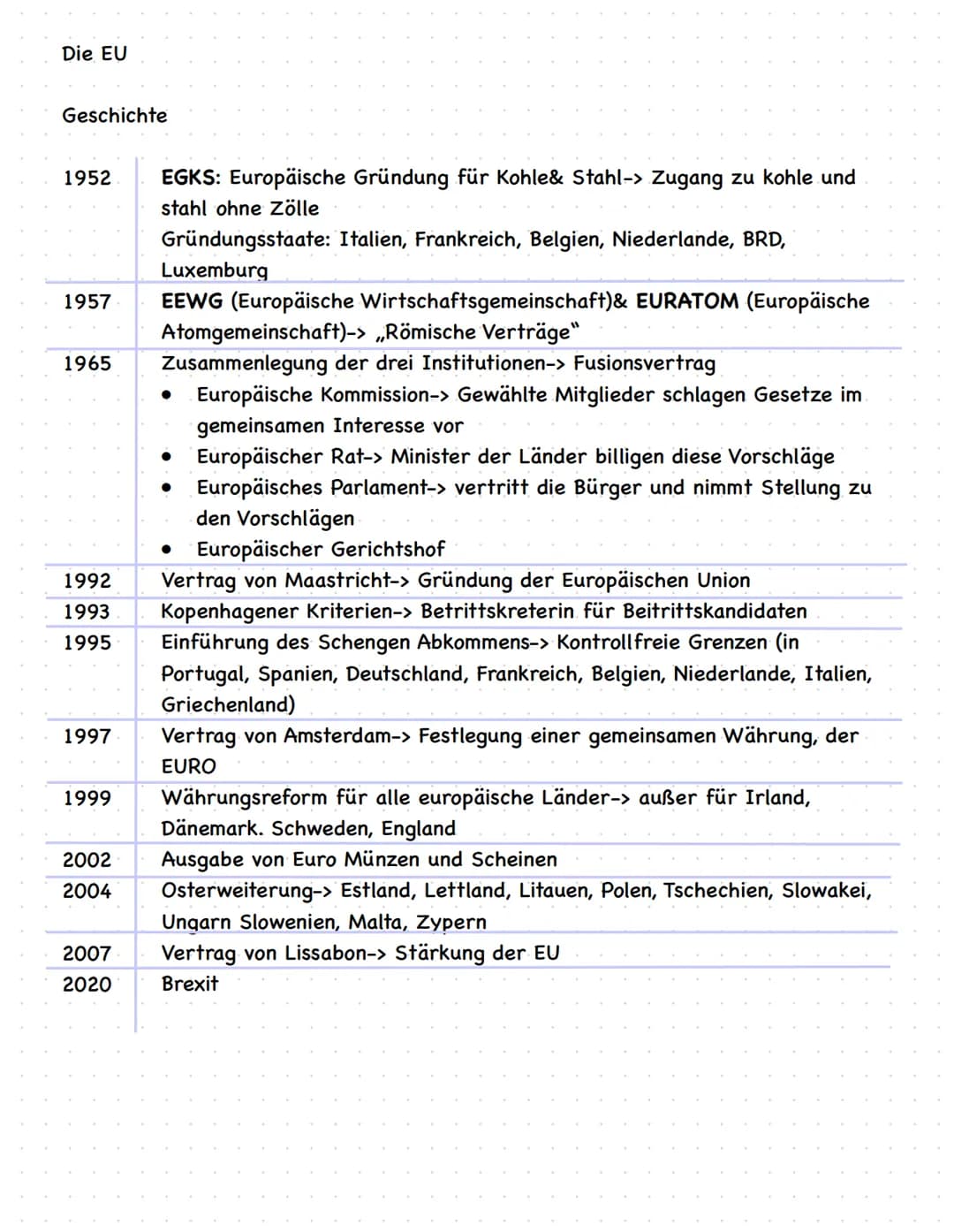 Die EU
Geschichte
1952 EGKS: Europäische Gründung für Kohle& Stahl-> Zugang zu kohle und
stahl ohne Zölle
Gründungsstaate: Italien, Frankr