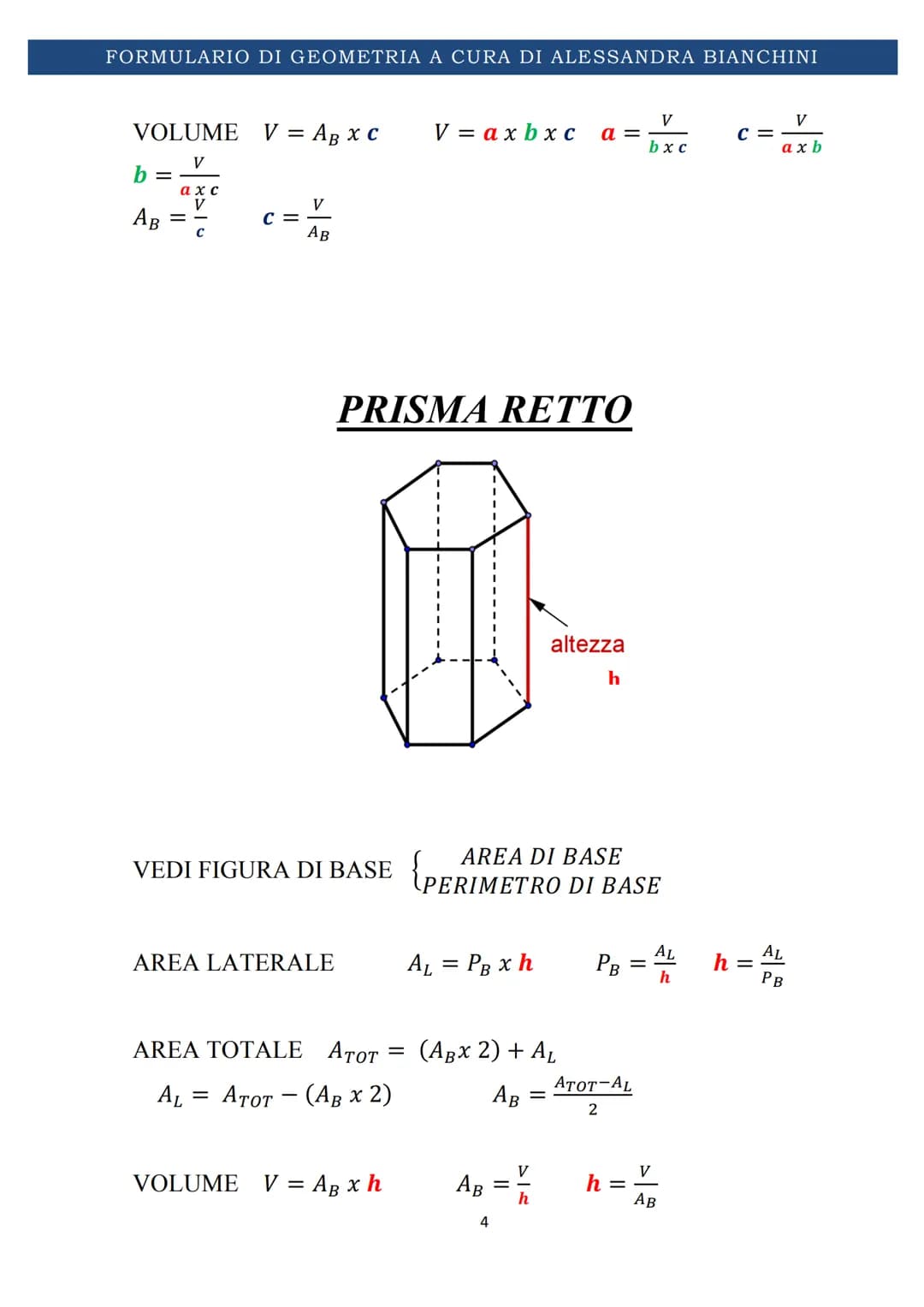 # FORMULARIO DI GEOMETRIA A CURA DI ALESSANDRA BIANCHINI
# FORMULARIO DI
# GEOMETRIA SOLIDA
1 FORMULARIO DI GEOMETRIA A CURA DI ALESSANDRA