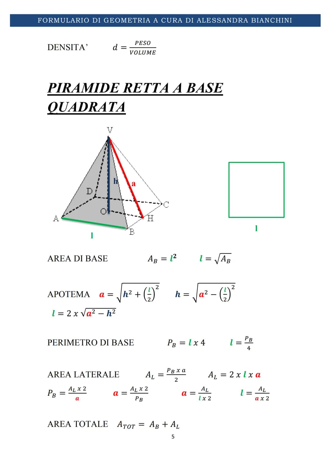 # FORMULARIO DI GEOMETRIA A CURA DI ALESSANDRA BIANCHINI
# FORMULARIO DI
# GEOMETRIA SOLIDA
1 FORMULARIO DI GEOMETRIA A CURA DI ALESSANDRA