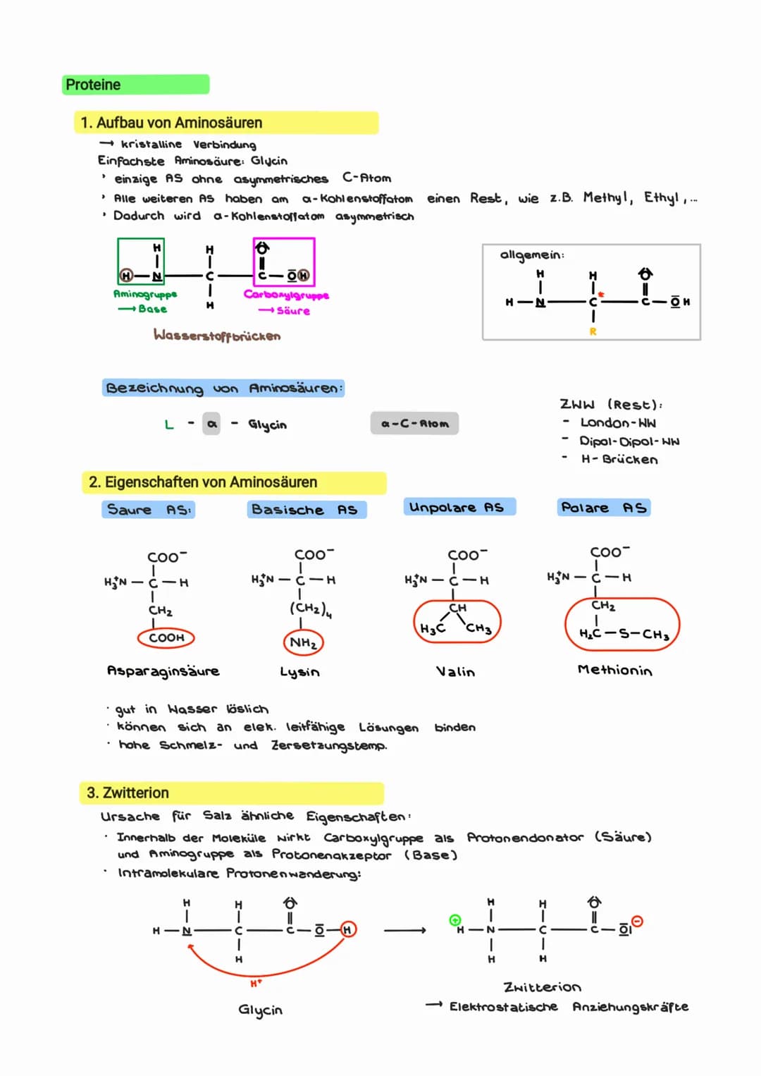 # PROTEINE Proteine
1. Aufbau von Aminosäuren
* kristalline Verbindung
* Einfachste Aminosäure: Glycin
* einzige AS ohne asymmetrisch