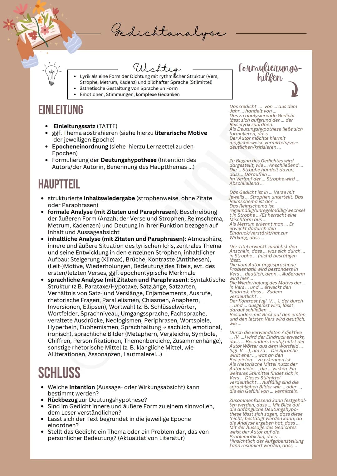 # Gedichtanalyse
## Wichtig
- Lyrik als eine Form der Dichtung mit rythmischer Struktur (Vers,
Strophe, Metrum, Kadenz) und bildhafter Spr