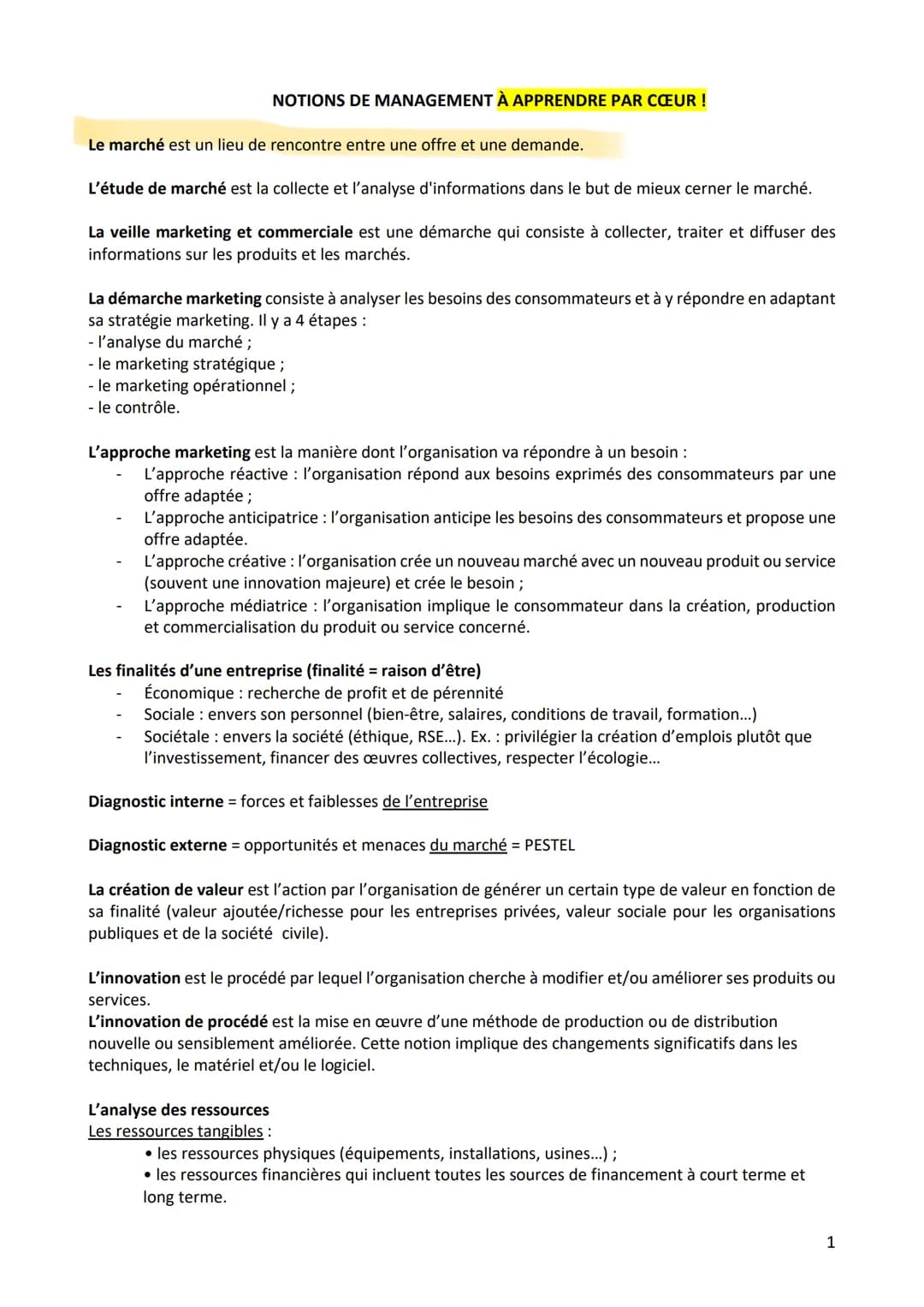 # NOTIONS DE MANAGEMENT À APPRENDRE PAR CŒUR !
Le marché est un lieu de rencontre entre une offre et une demande.
L'étude de marché est la