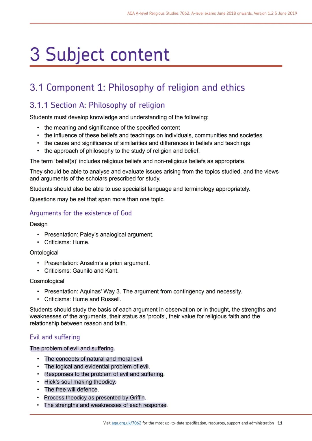 Evil & Suffering AQA A-level Religious Studies 7062. A-level exams June 2018 onwards, Version 1.2 5 June 2019
# 3 Subject content
## 3.1 C