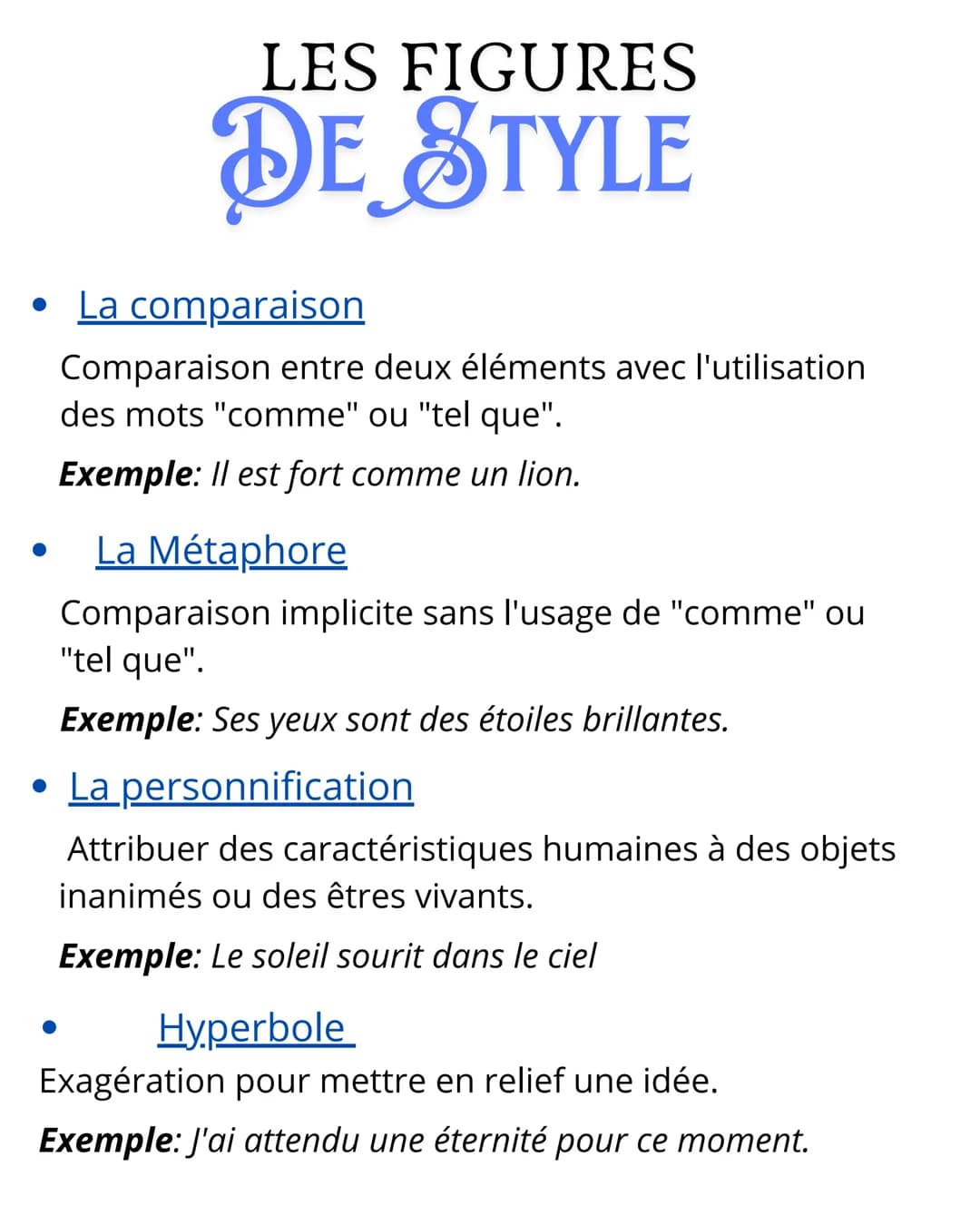 LES FIGURES
DE STYLE
- La comparaison
Comparaison entre deux éléments avec l'utilisation
des mots "comme" ou "tel que".
Exemple: Il