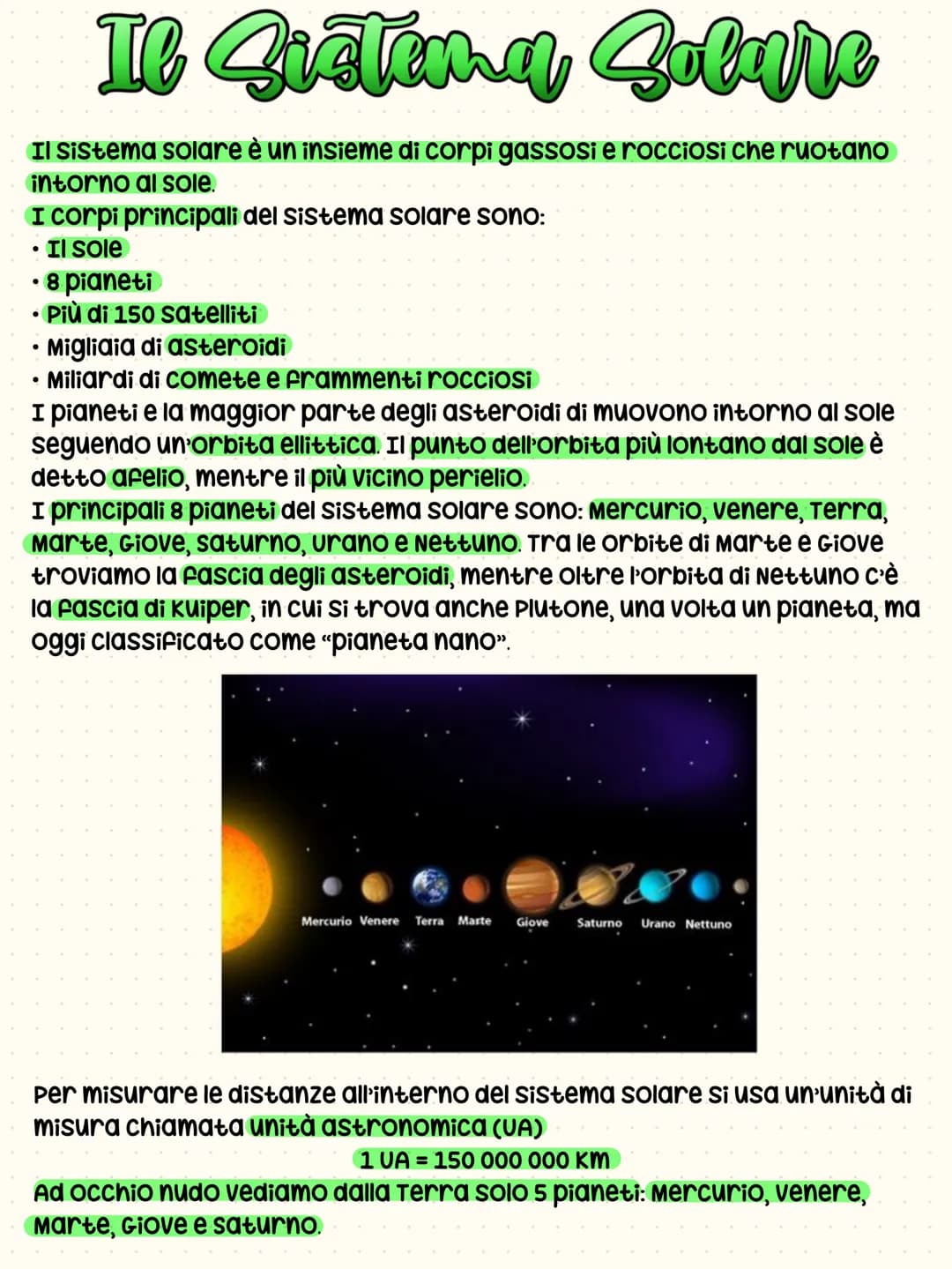 # Il Sistema Solare
Il sistema solare è un insieme di corpi gassosi e rocciosi che ruotano
intorno al sole.
I corpi principali del sistema