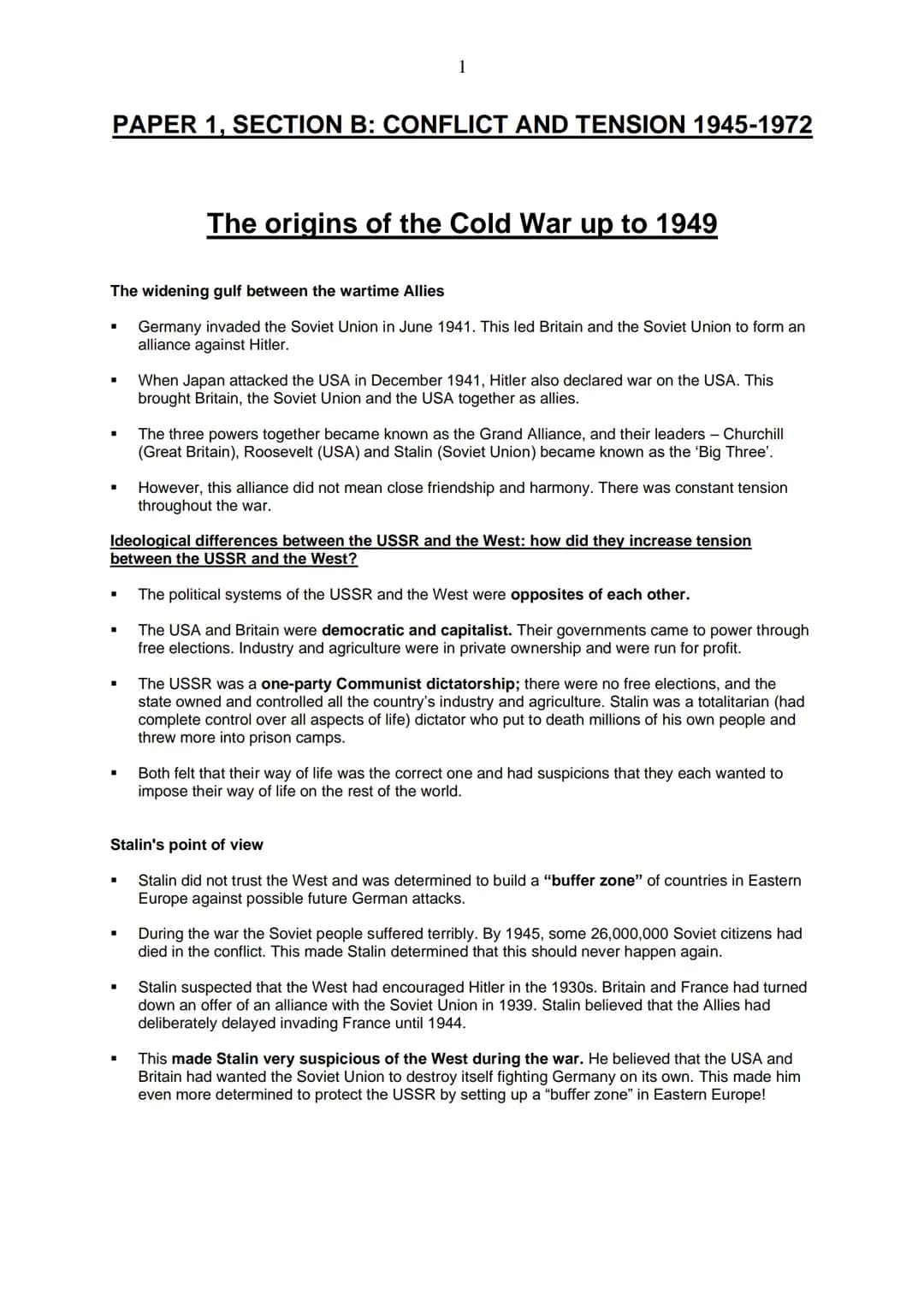 # 1
PAPER 1, SECTION B: CONFLICT AND TENSION 1945-1972
The origins of the Cold War up to 1949
The widening gulf between the wartime Allie
