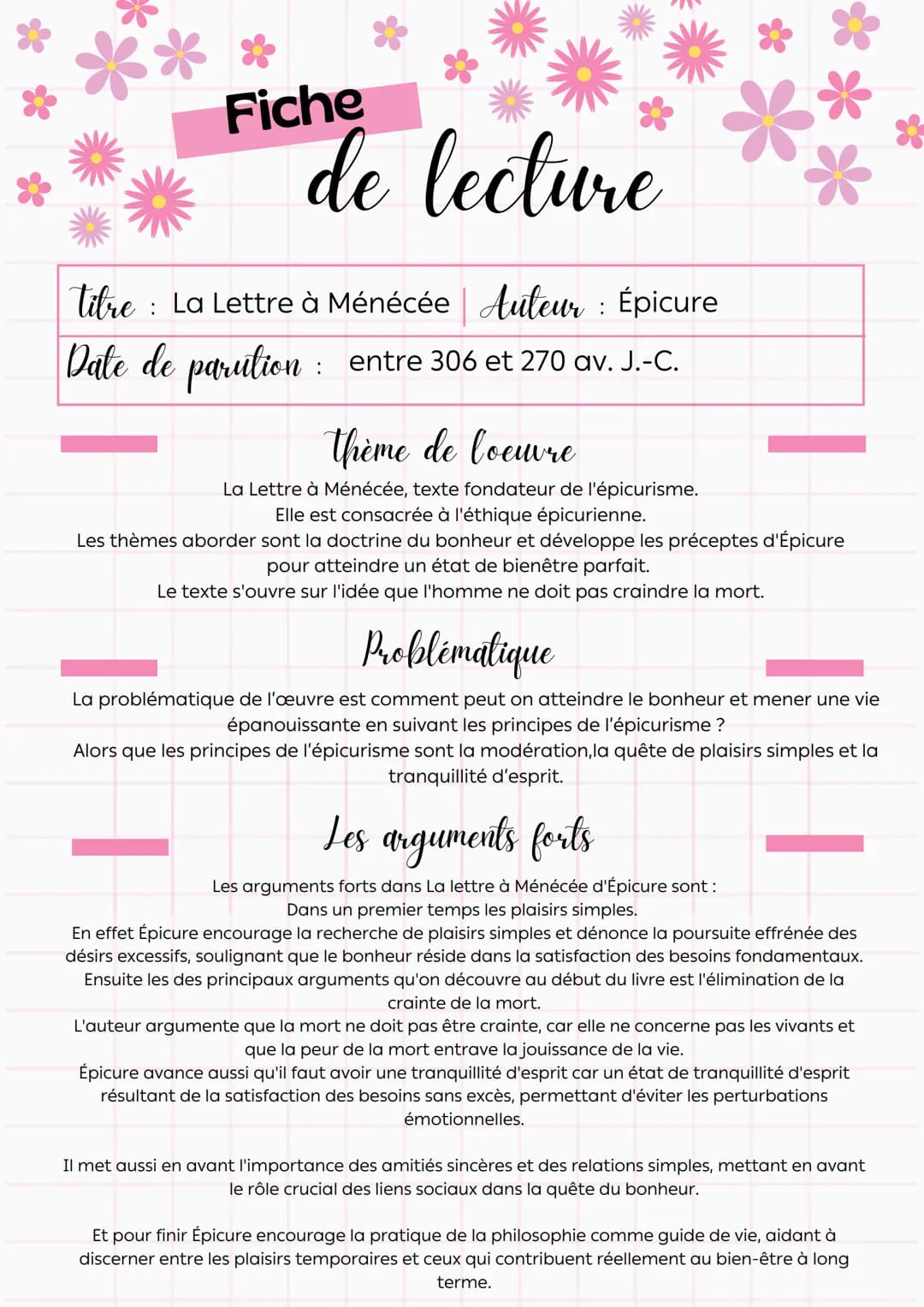 # Fiche
de lecture
Tibre: La Lettre à Ménécée Auteur : Épicure
Date de parution :
entre 306 et 270 av. J.-C.
*thème de l'oeuvre
La Let
