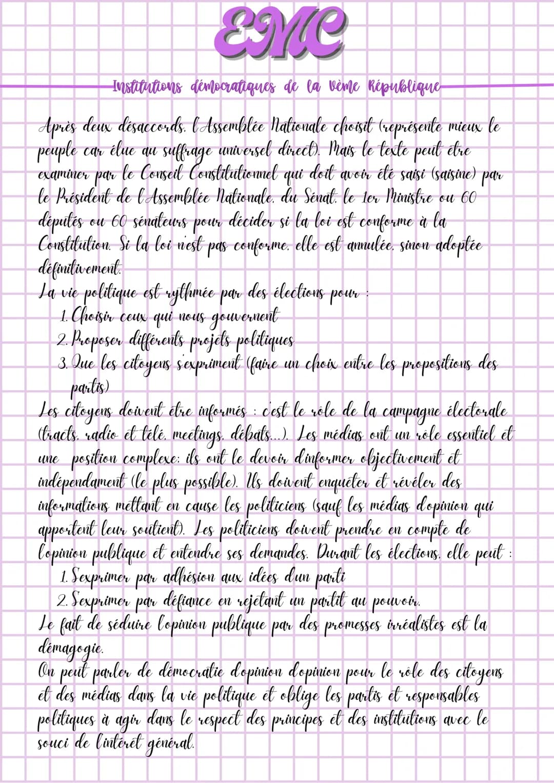 EMC
Institutions démocratiques de la vème République
Définitions :
Démocratie: régime politique dans lequel le peuple exerce le pouvoir p