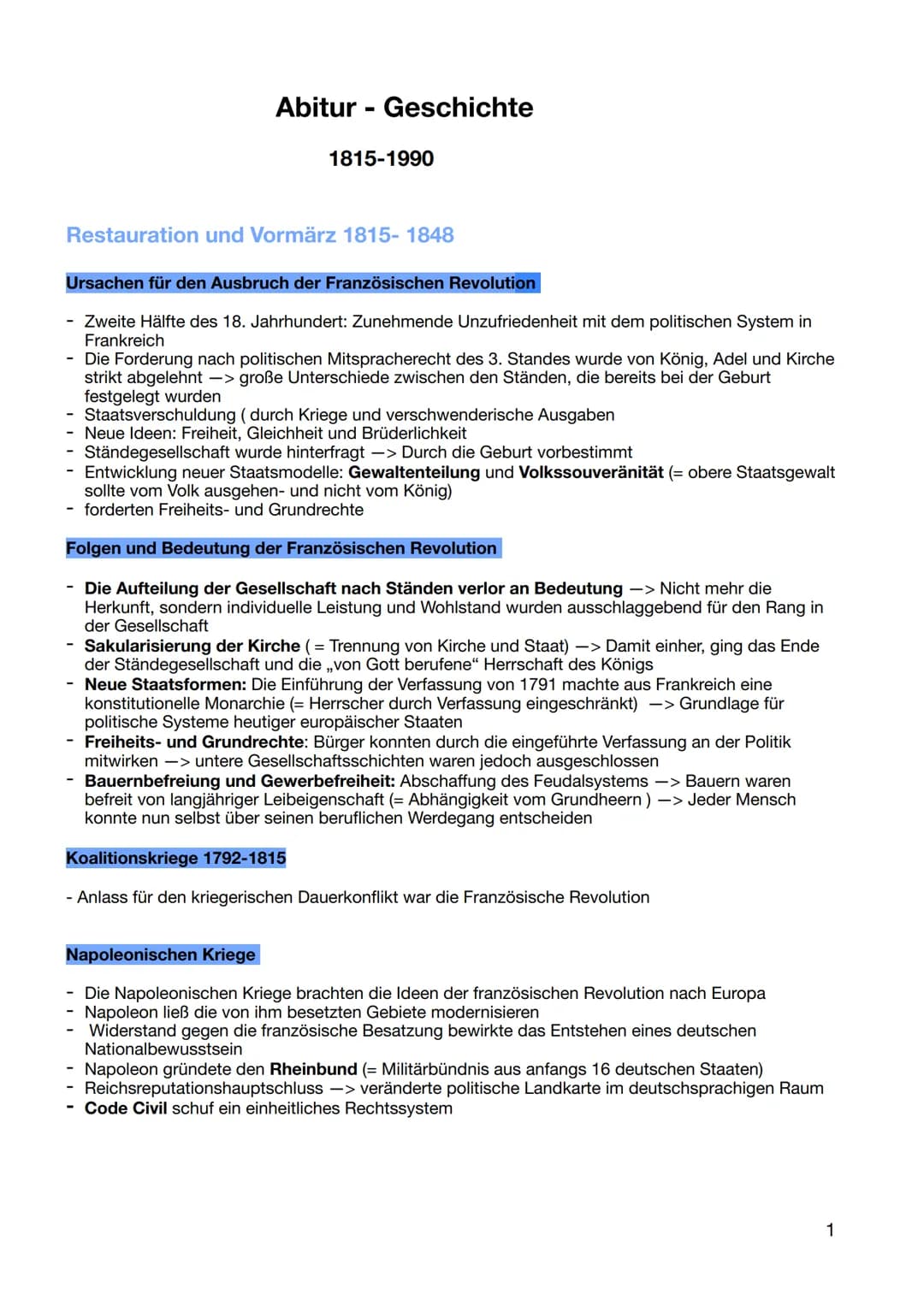 # Abitur - Geschichte
1815-1990
Restauration und Vormärz 1815- 1848
Ursachen für den Ausbruch der Französischen Revolution
- Zweite Hälf