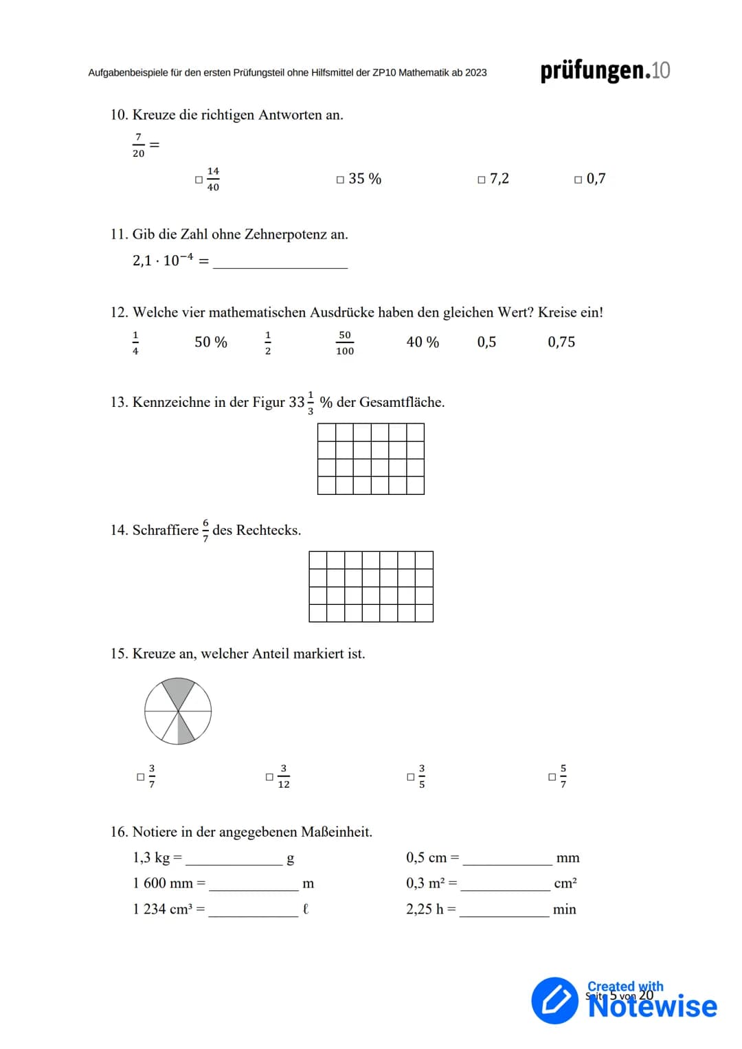 Aufgabenbeispiele
für den ersten Prüfungsteil ohne
Hilfsmittel der ZP10 Mathematik
ab 2023
Herausgegeben von der
Qualitäts- und Unterstützu