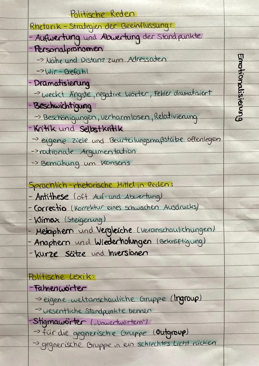 Emotionalisierung
Politische Reden
Rhetorik - Strategien der Beeinflussung:
-Aufwertung und Abwertung der Stand punkte
-Personalpronomen
→