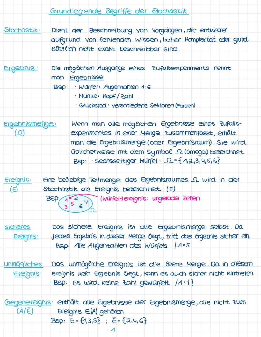 Ma12 GK
Wiederholung:
Grundlegende Begriffe für die Stochastik
• Ergebnis, Ergebnismenge, Ereignis, sicheres und unmögliches Ereignis
•