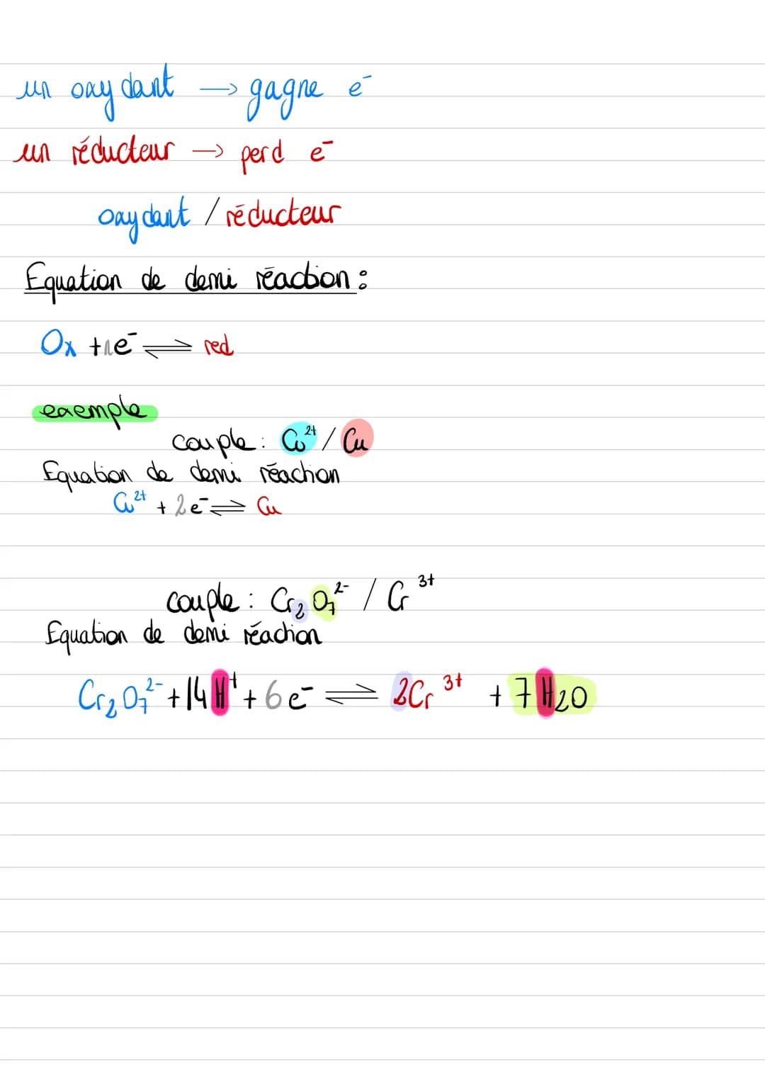 un oxydant $\rightarrow$ gagne $e^-$
un réducteur $\rightarrow$ perd $e^-$
oxydant / réducteur
Equation de demi reaction:
$Ox + e^- \rightl