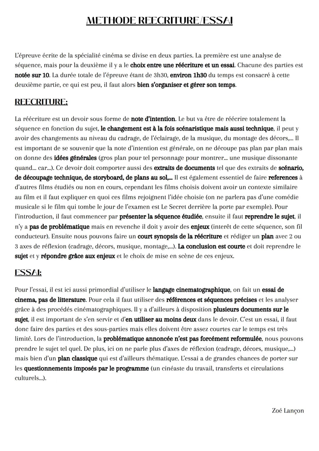 # METHODE REECRITURE/ESSAI
L'épreuve écrite de la spécialité cinéma se divise en deux parties. La première est une analyse de
séquence, mai