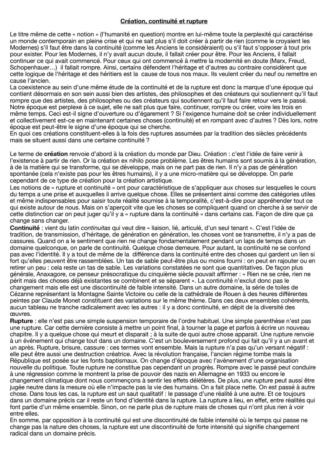 # Création, continuité et rupture
Le titre même de cette << notion >> (l'humanité en question) montre en lui-même toute la perplexité qui c