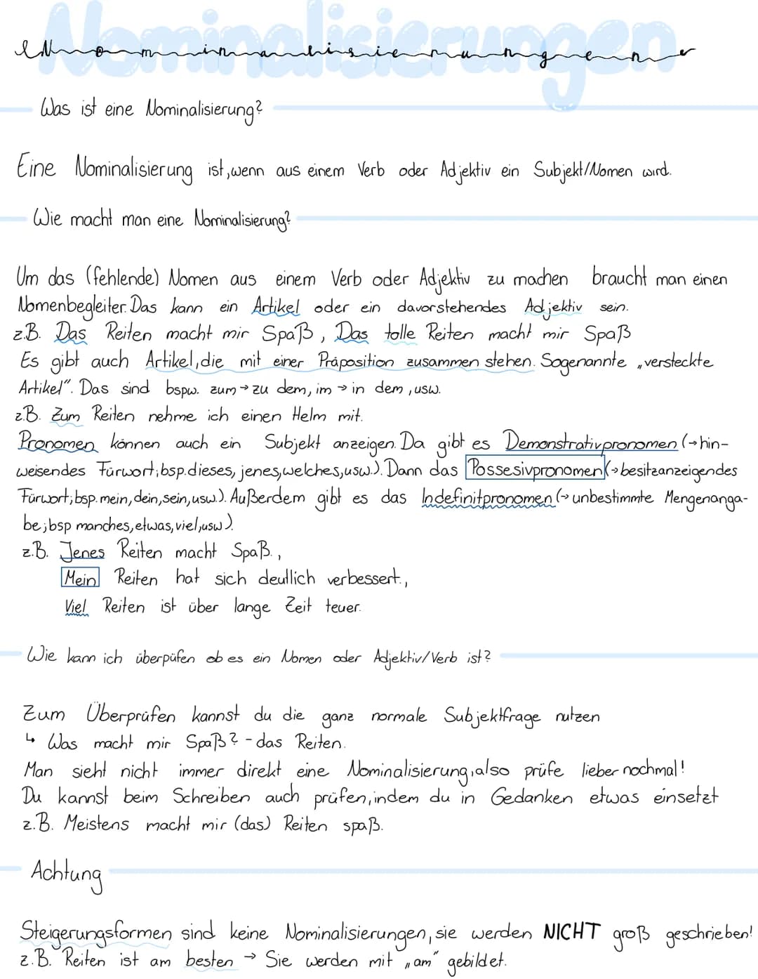Was ist eine Nominalisierung?
Eine Nominalisierung ist, wenn aus einem Verb oder Adjektiv ein Subjekt/Nomen wird.
Wie macht man eine Nomin