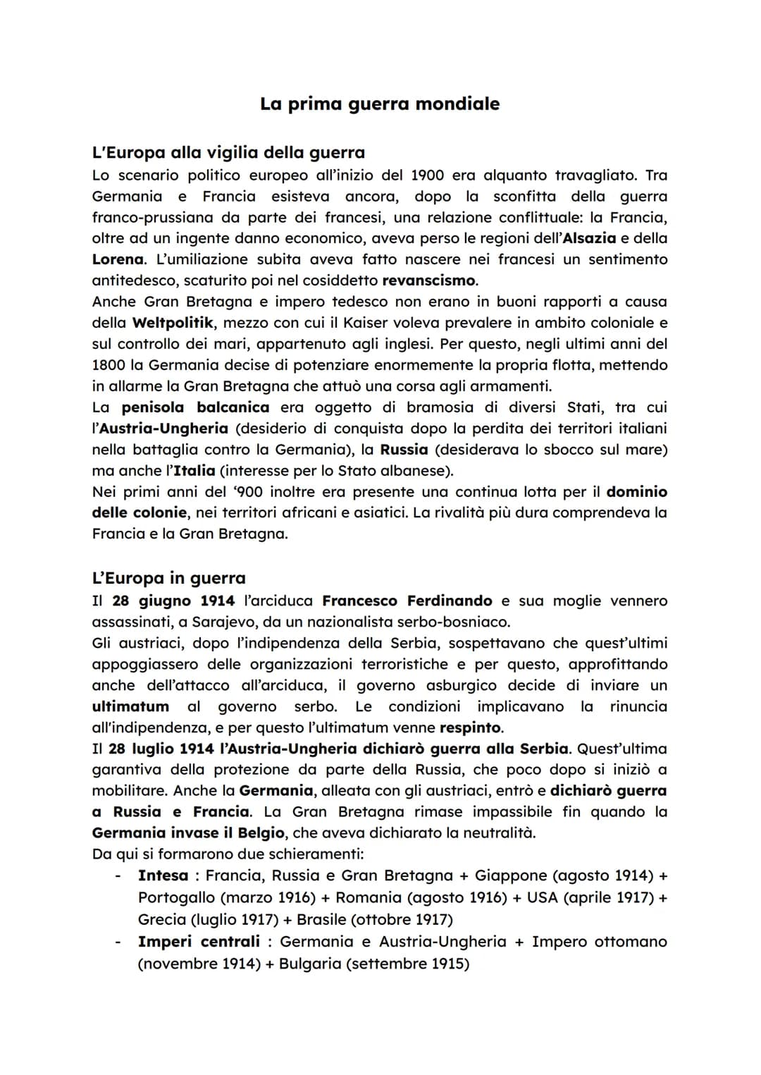 # La prima guerra mondiale
L'Europa alla vigilia della guerra
Lo scenario politico europeo all'inizio del 1900 era alquanto travagliato. T