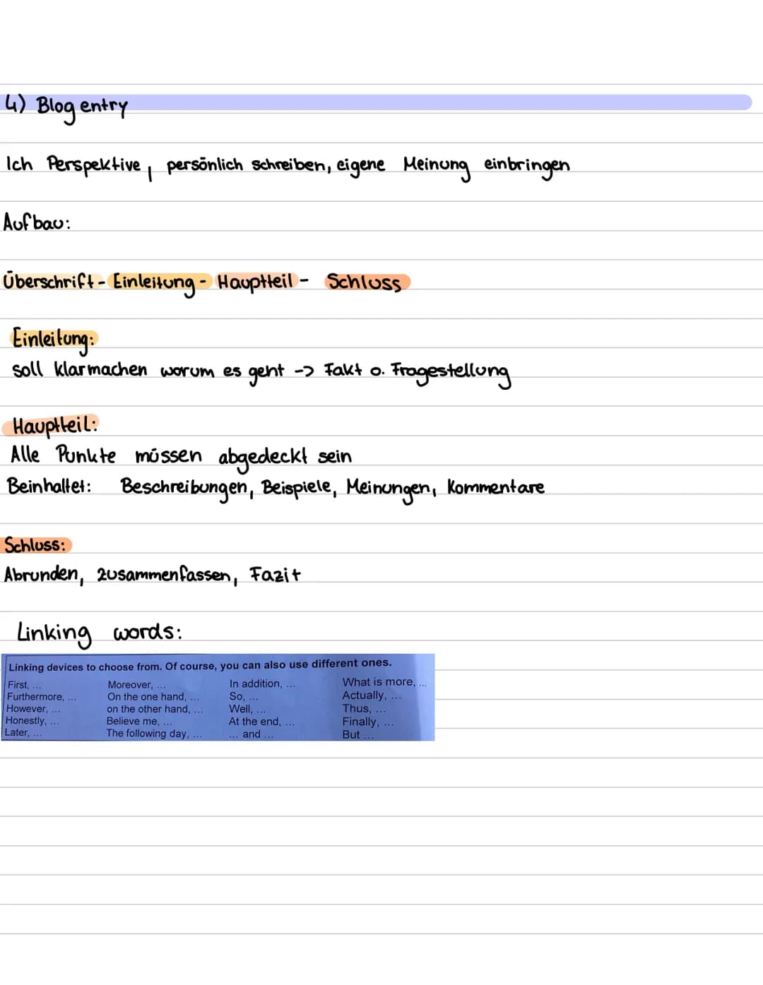 # Guided Writing
Möglichkeiten:
formeller Brief/E-Mail
1) letter of complaint
2) letter of application
persönlicher Text
3) Tagebuchei