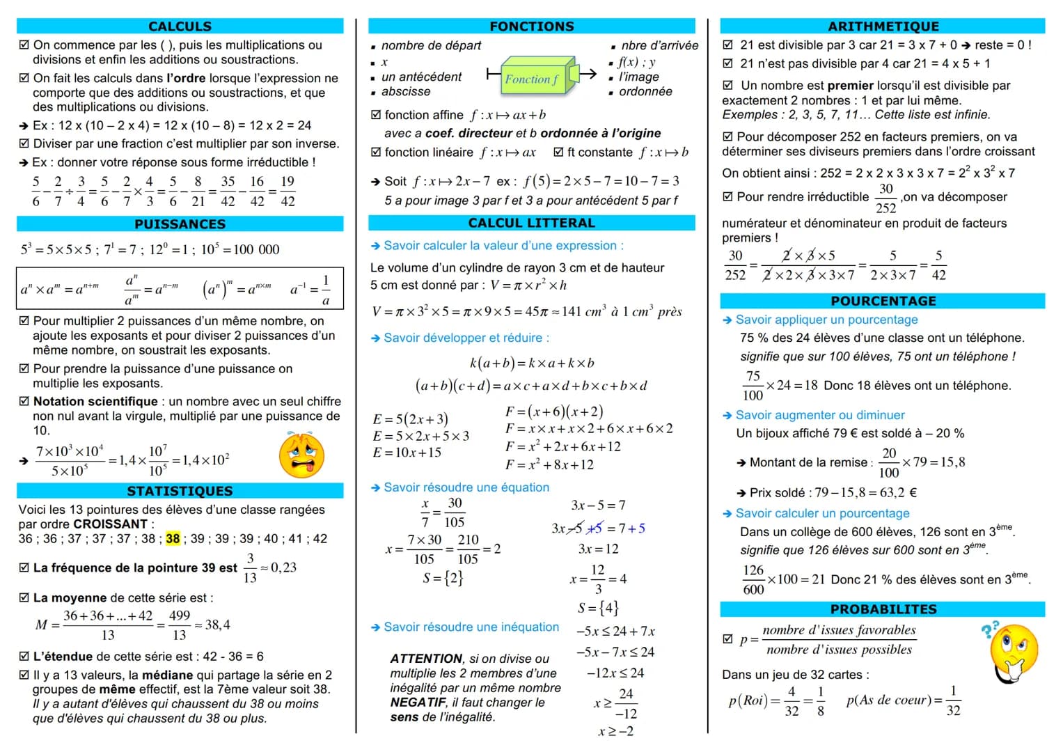 CALCULS
On commence par les (), puis les multiplications ou
divisions et enfin les additions ou soustractions.
On fait les calculs dans l'