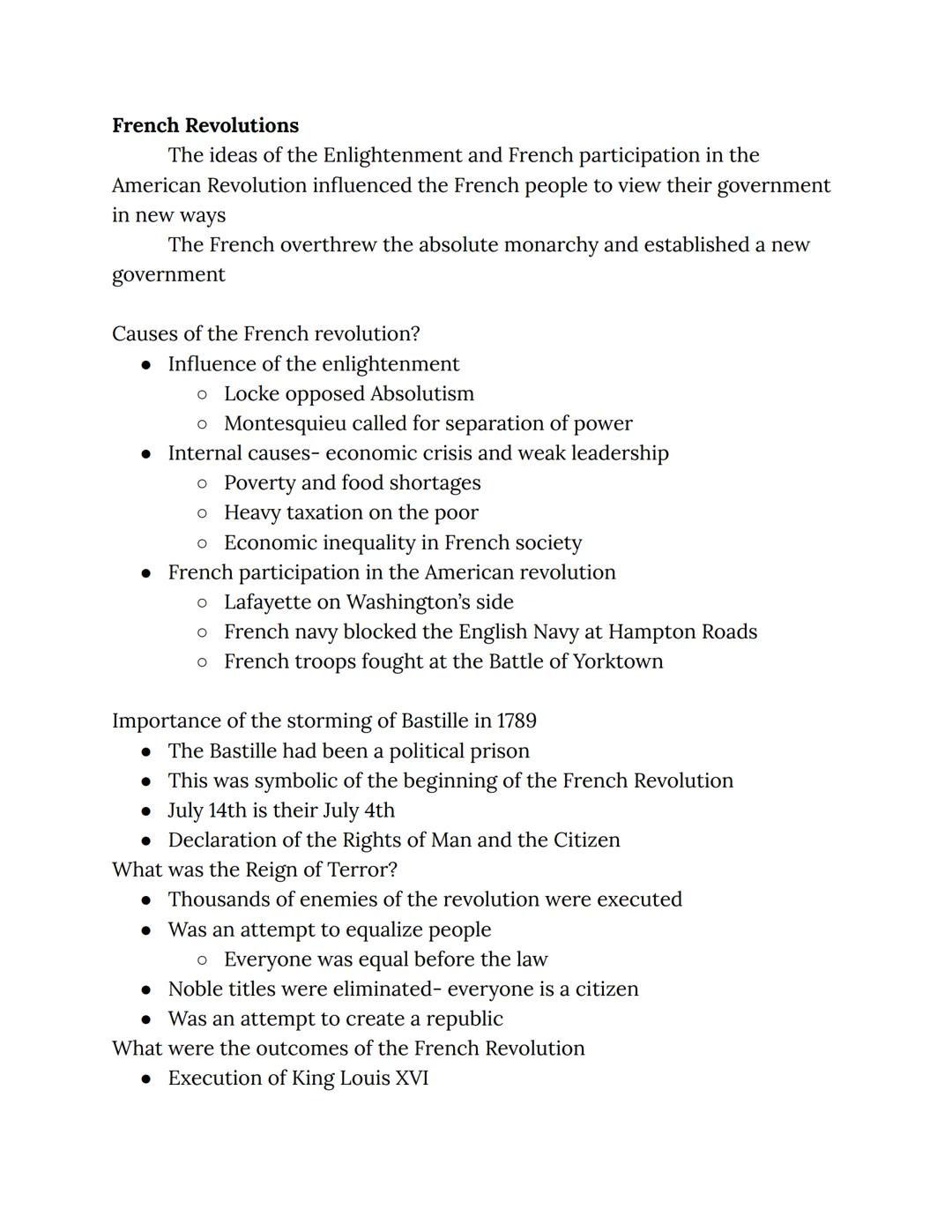 French Revolutions
The ideas of the Enlightenment and French participation in the
American Revolution influenced the French people to view