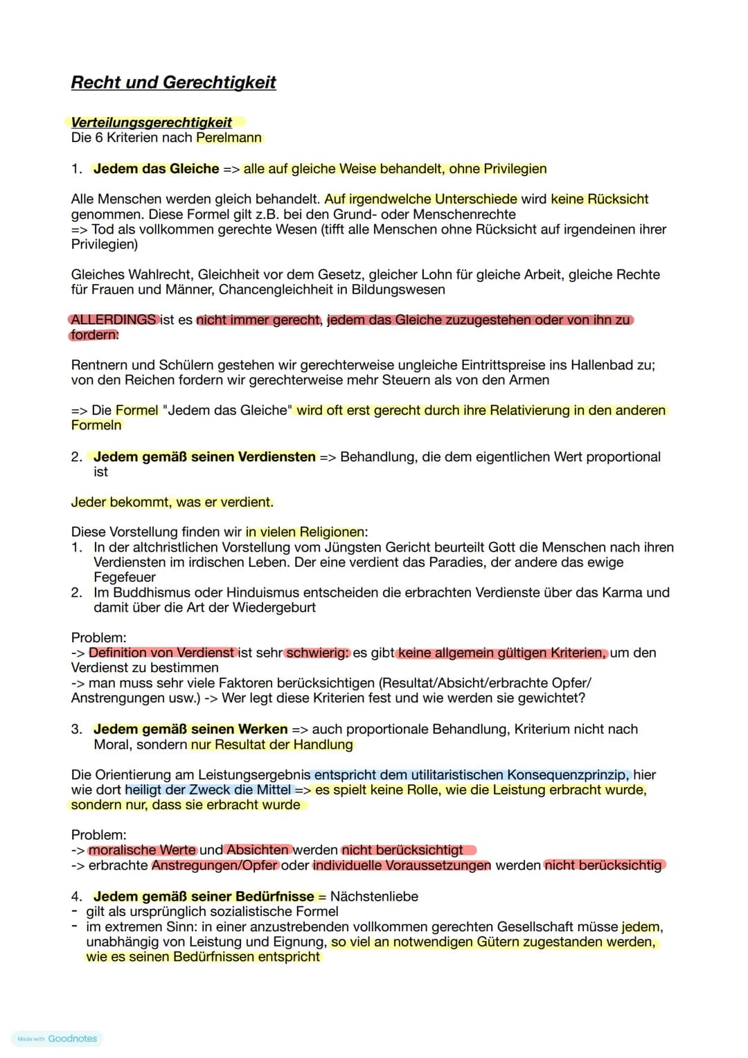 # Recht und Gerechtigkeit
Verteilungsgerechtigkeit
Die 6 Kriterien nach Perelmann
1. Jedem das Gleiche => alle auf gleiche Weise behandelt