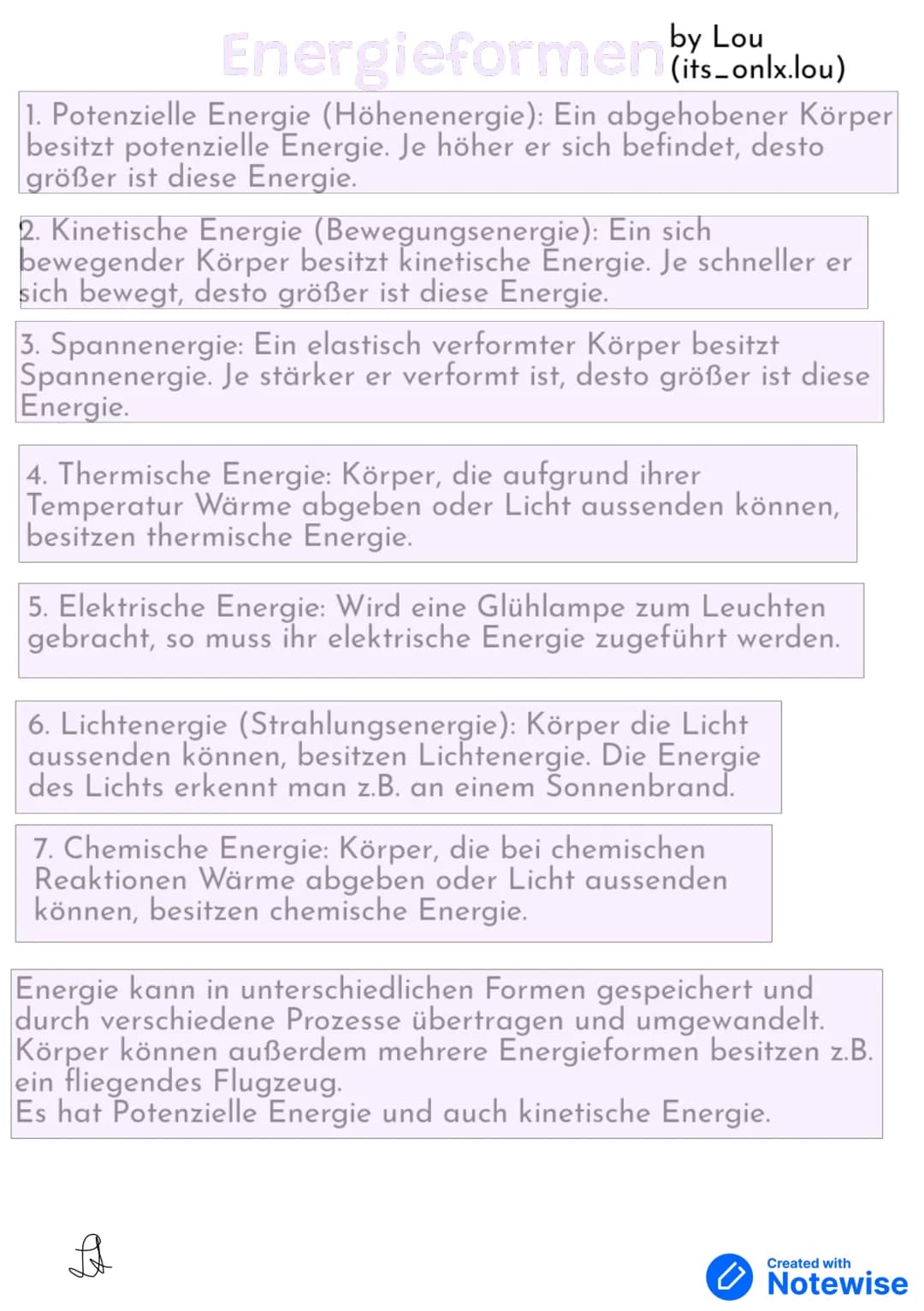 by Lou
Energieformen (its-onlx.lou)
1. Potenzielle Energie (Höhenenergie): Ein abgehobener Körper
besitzt potenzielle Energie. Je höher er