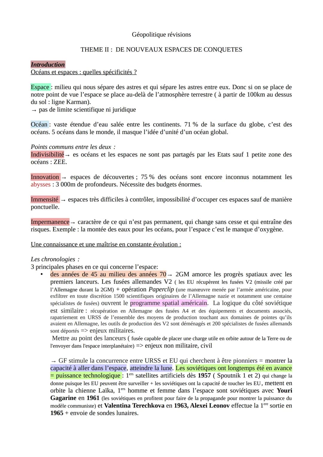 Géopolitique révisions
THEME II: DE NOUVEAUX ESPACES DE CONQUETES
Introduction
Océans et espaces: quelles spécificités ?
Espace: milieu q