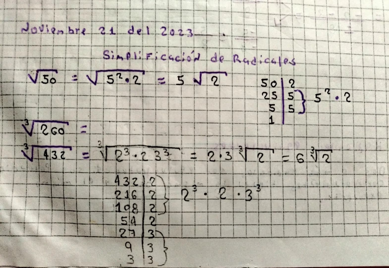 Noviembre 21 del 2023.
Simplificación de Radicales
√50 = √52.2 = 5√2
√260 =
3
√432 = √23.2 33 = 2.3√2 = 6√2
502
255} 52.2
55
1
432/2