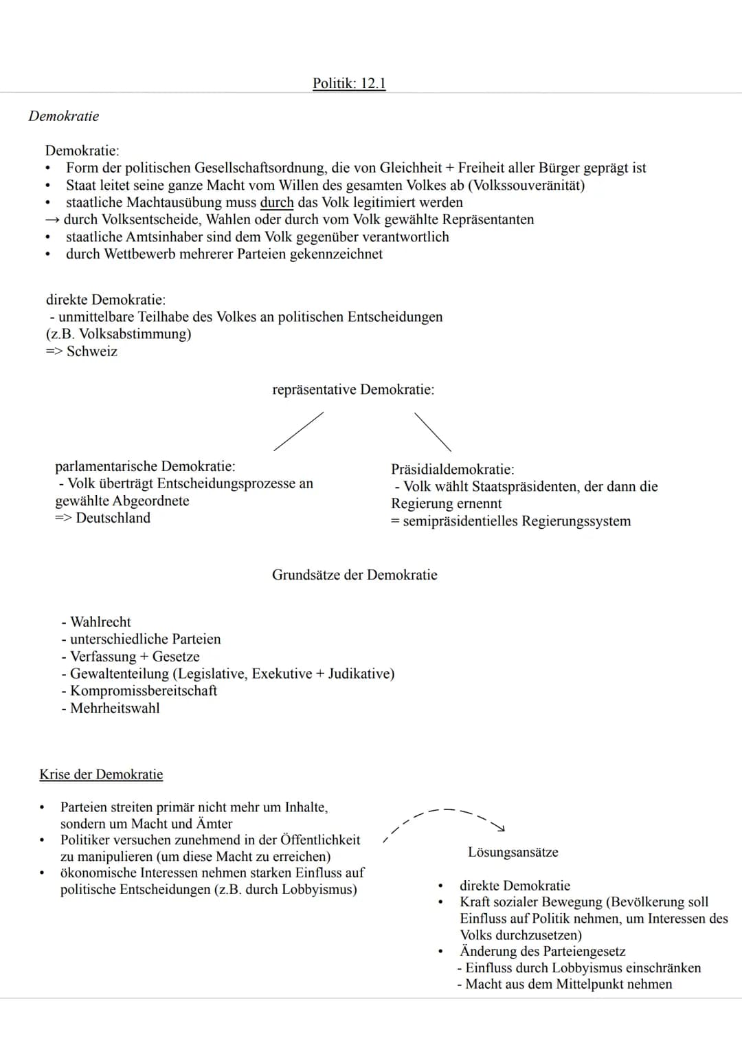 # Politik: 12.1
Demokratie
Demokratie:
* Form der politischen Gesellschaftsordnung, die von Gleichheit + Freiheit aller Bürger geprägt