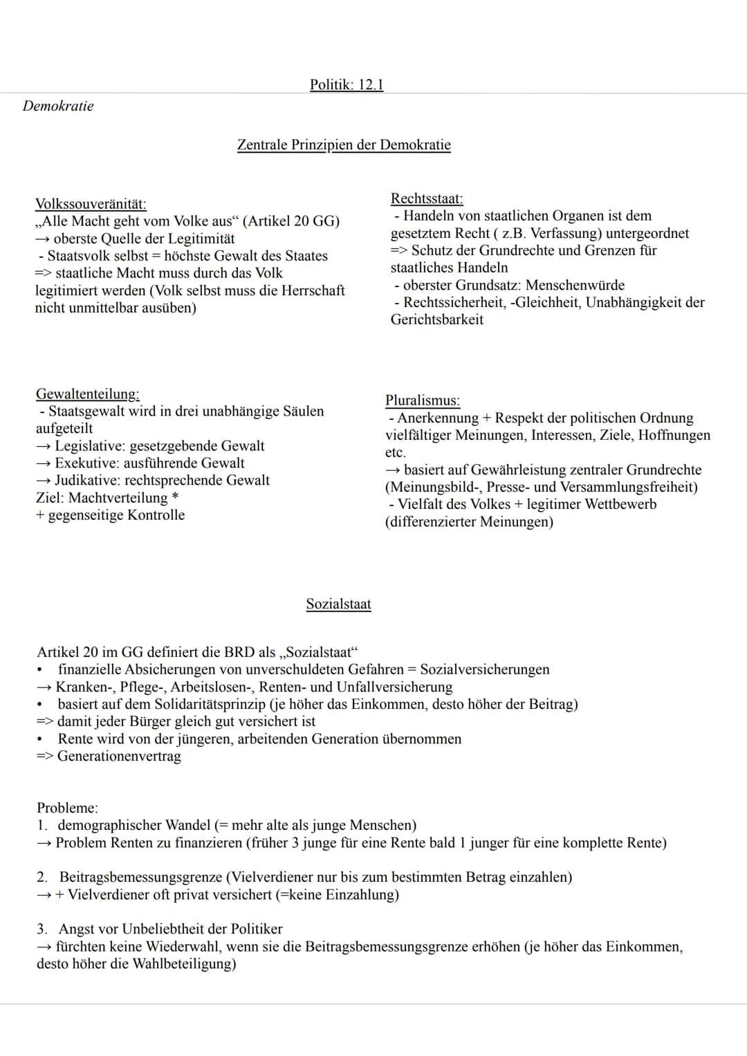 # Politik: 12.1
Demokratie
Demokratie:
* Form der politischen Gesellschaftsordnung, die von Gleichheit + Freiheit aller Bürger geprägt