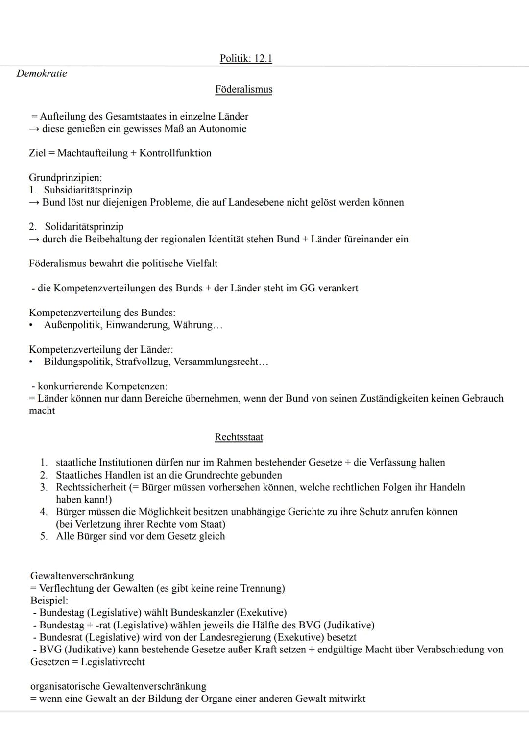 # Politik: 12.1
Demokratie
Demokratie:
* Form der politischen Gesellschaftsordnung, die von Gleichheit + Freiheit aller Bürger geprägt