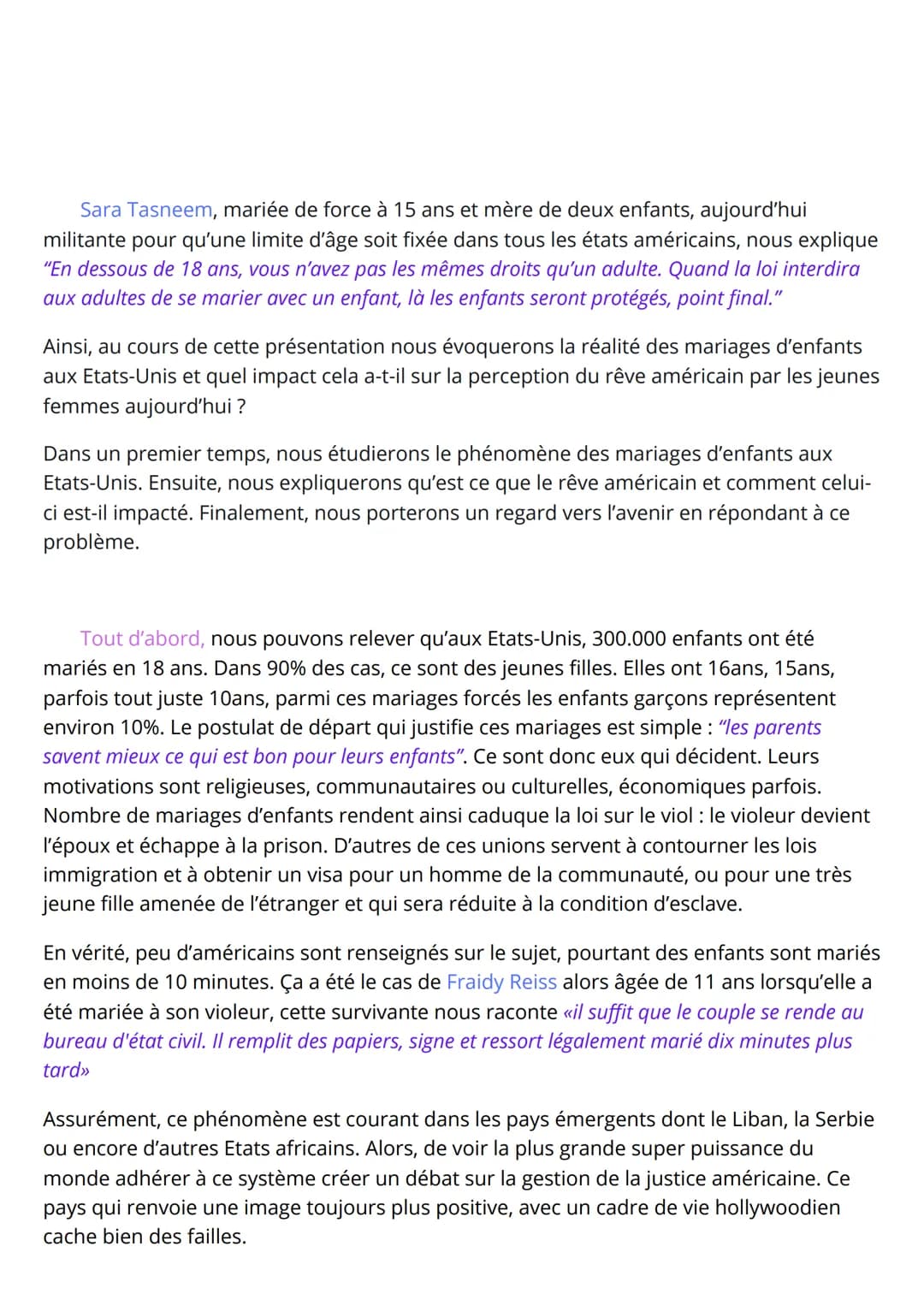 GO AMC:
Thème: Faire société
Sujet: La réalité des mariages d'enfants aux Etats-Unis: quel impact sur la perception du
rêve américain par