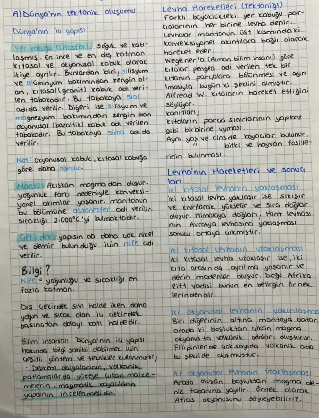# A) Dünya'nın tektonik oluşumu
Dünya'nın ia yapısı
Ver kabuğu (Litasfer soğuk ve katı-
laşmış. En ince ve en dış rotman
kitasal ve okyonu