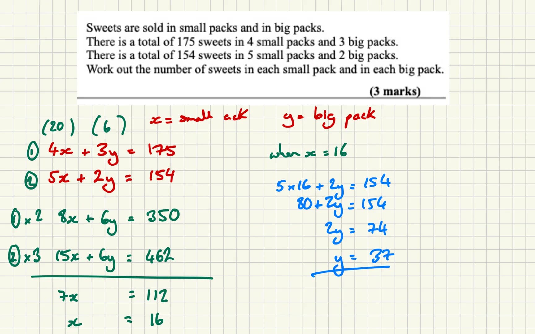 Simultaneous Equatias
-
$5x + 3y = 26$
$3x + 3y = 18$
when x = 4
$2x = 8$
Sx4 + 3y = 26
$20+ 3y = 26$
(4,2)
$x = 4$
$3y = 6$
$y = 2$
$6x +