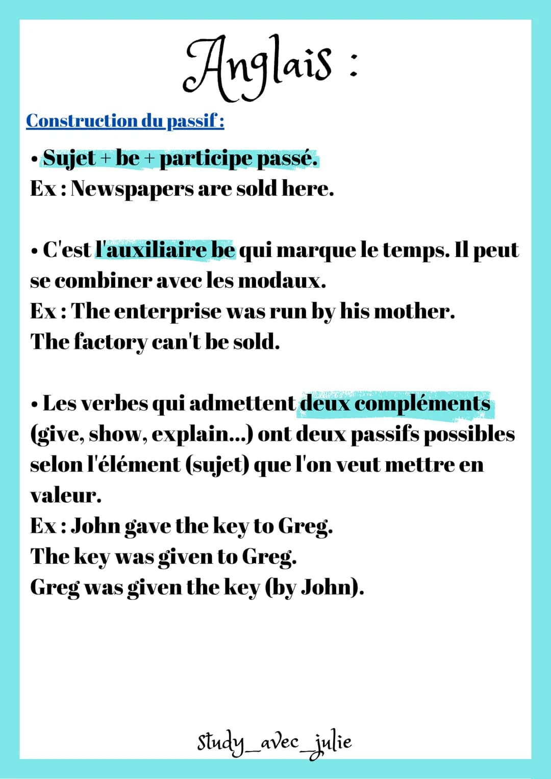 Anglais:
Construction du passif :
• Sujet + be + participe passé.
Ex: Newspapers are sold here.
• C'est l'auxiliaire be qui marque le te