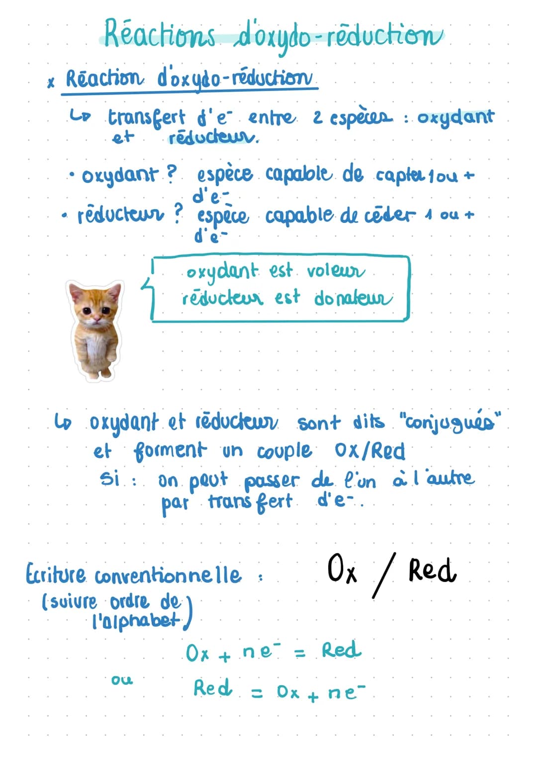 # Réactions d'oxydo-reduction
* Reaction d'oxydo-réduction
transfert d'e entre 2 espèces : oxydant
et réducteur.
* oxydant? espèce capa