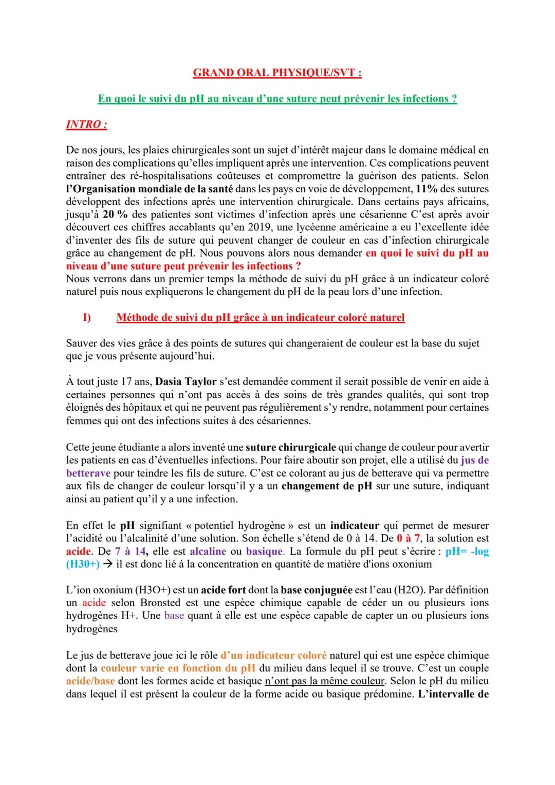 # GRAND ORAL PHYSIQUE/SVT:
En quoi le suivi du pH au niveau d'une suture peut prévenir les infections?
INTRO:
De nos jours, les plaies chi