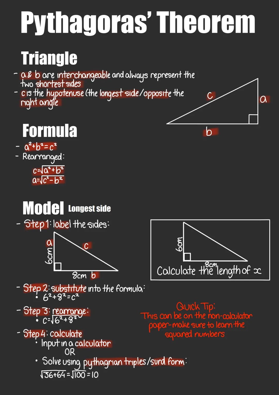 # Pythagoras' Theorem
Triangle
- a & bare interchangeable and always represent the
two shortest sides
- cis the hypotenuse (the longest sid