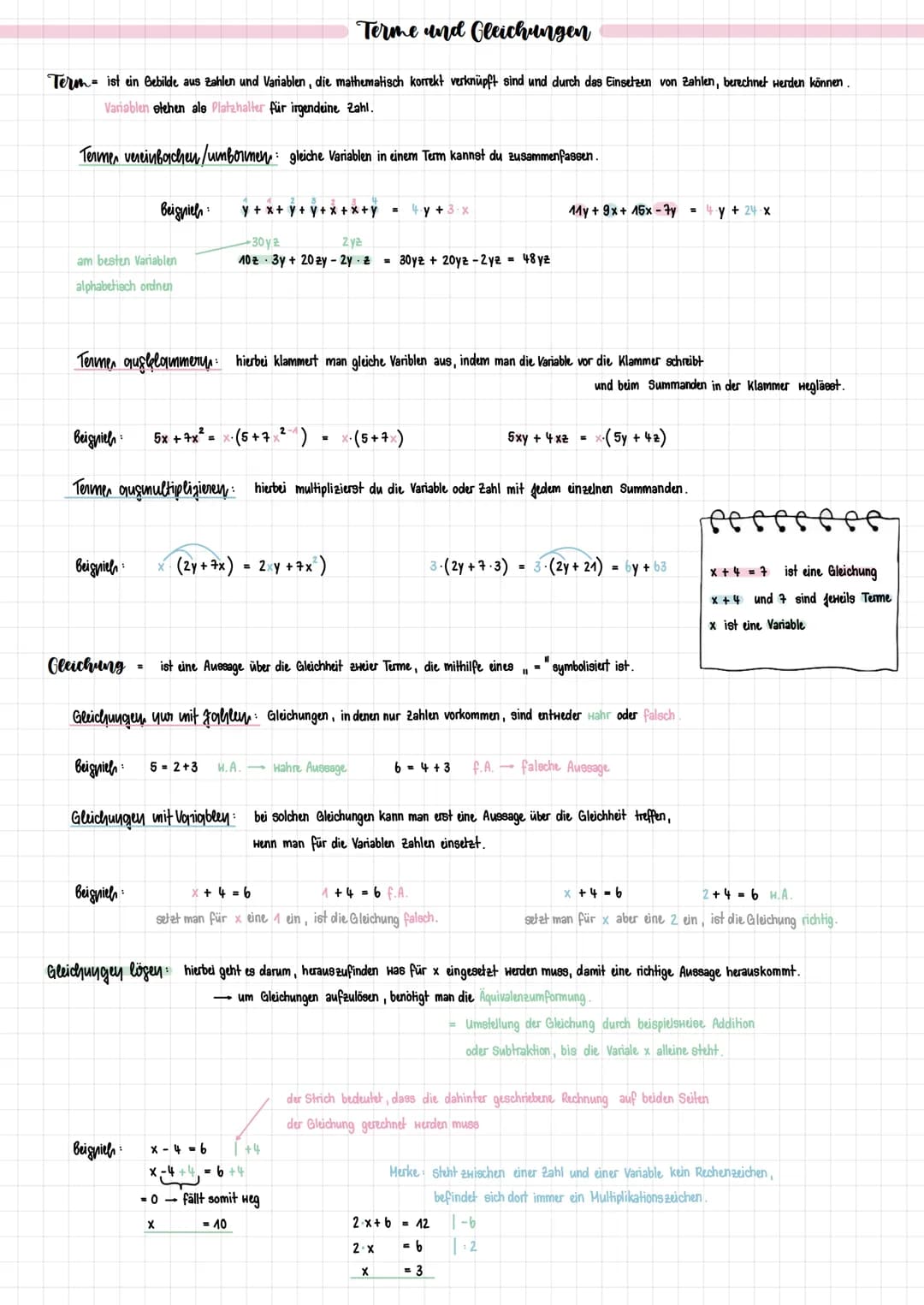 # Terme und Gleichungen
Term ist ein Gebilde aus zahlen und Variablen, die mathematisch korrekt verknüpft sind und durch das Einsetzen von