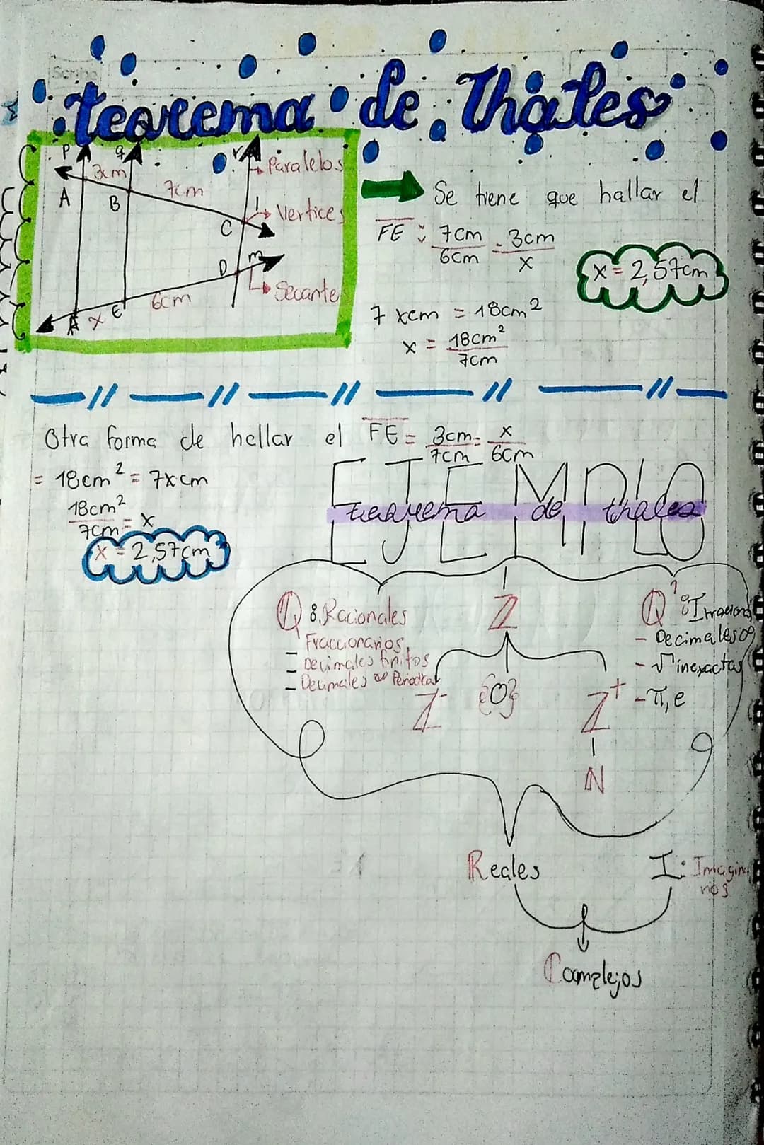 # teorema de, Thales
3&m
A
Fem
B
C
D
AXE
6cm
ef
Paralelos
Vertice
Secante
-//-//-//
Se tiene
que hallar el
$
\frac{FE}{6cm} = \frac{7cm}