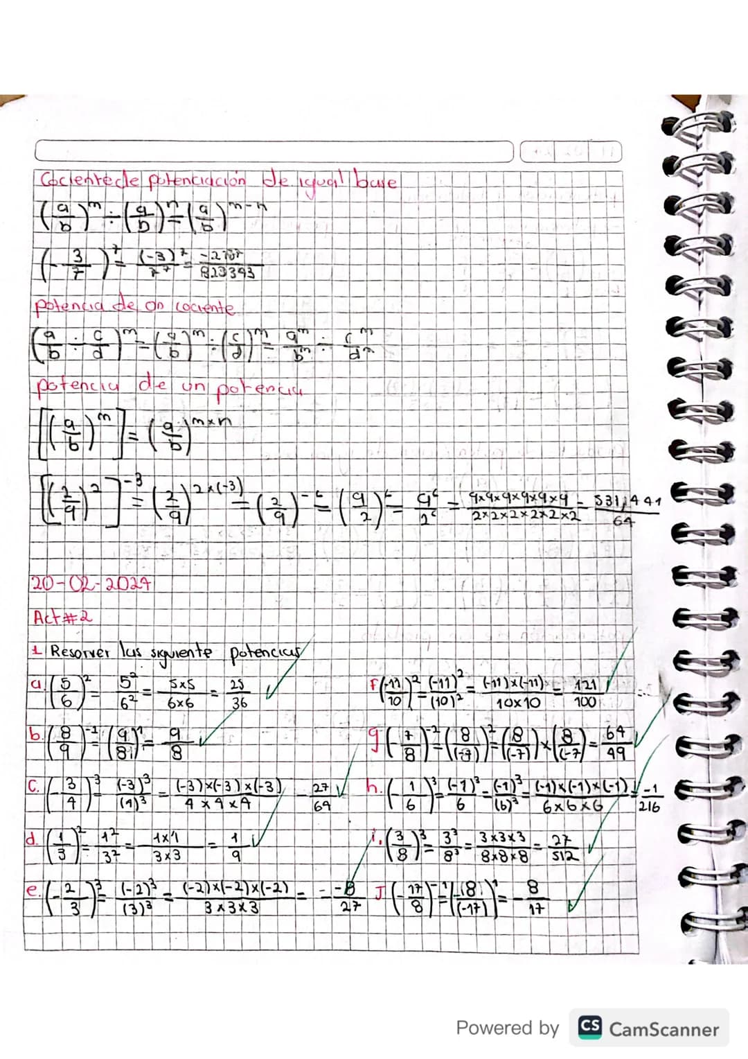 19 02 24
potenciación y ladicación
- potenciación
Base
Exponente
$
\frac{a}{b}
)^n = \frac{a^n}{b^n} = p$
$
(\frac{2}{5})^3 = \frac{2^