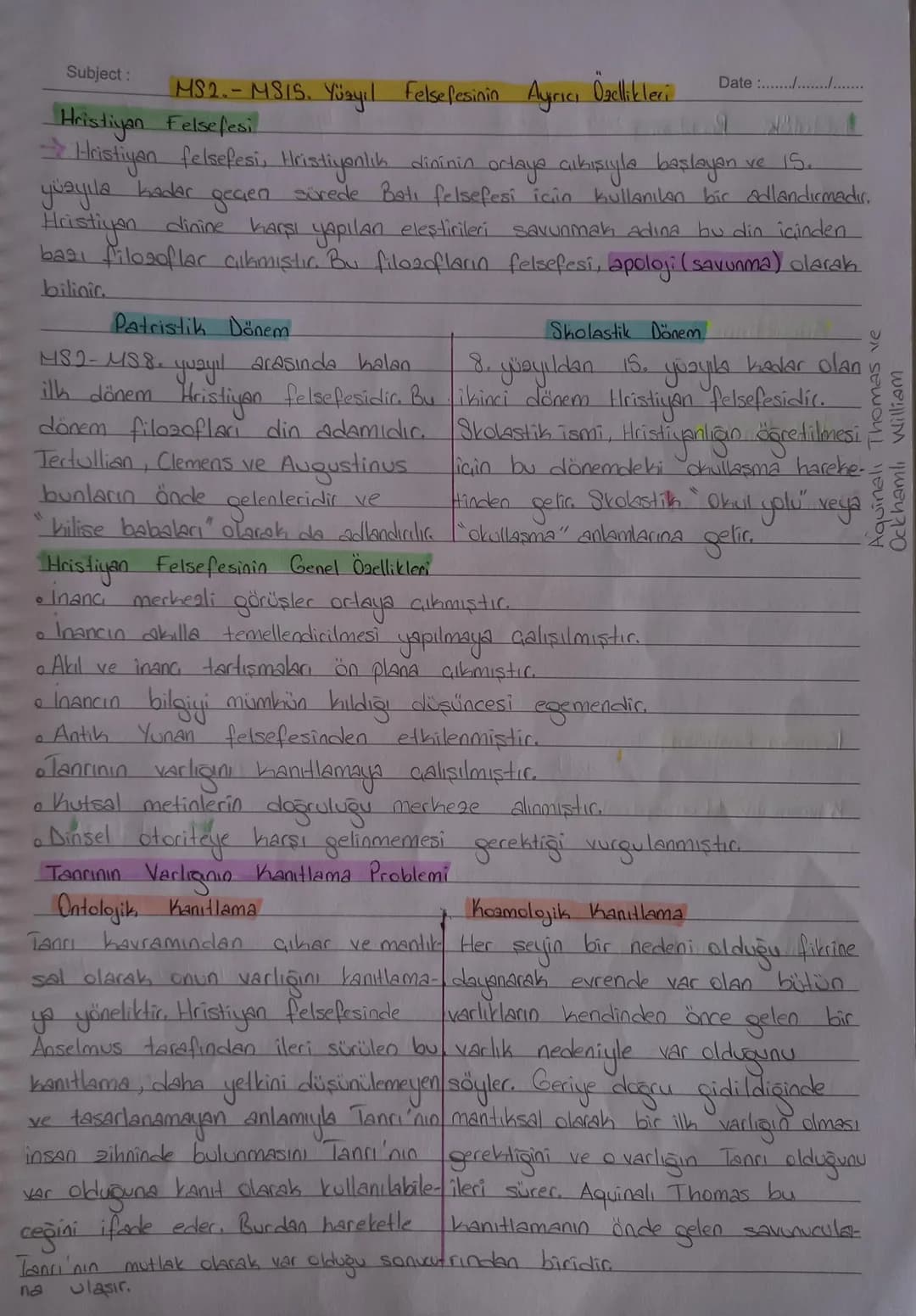 Subject:
Date :......./..............
MS2- MS15. Yüzyıl Felsefesinin ortaya Çıkışı
$
\rightarrow$ Bu dönemde din, felsefenin neredeyse te