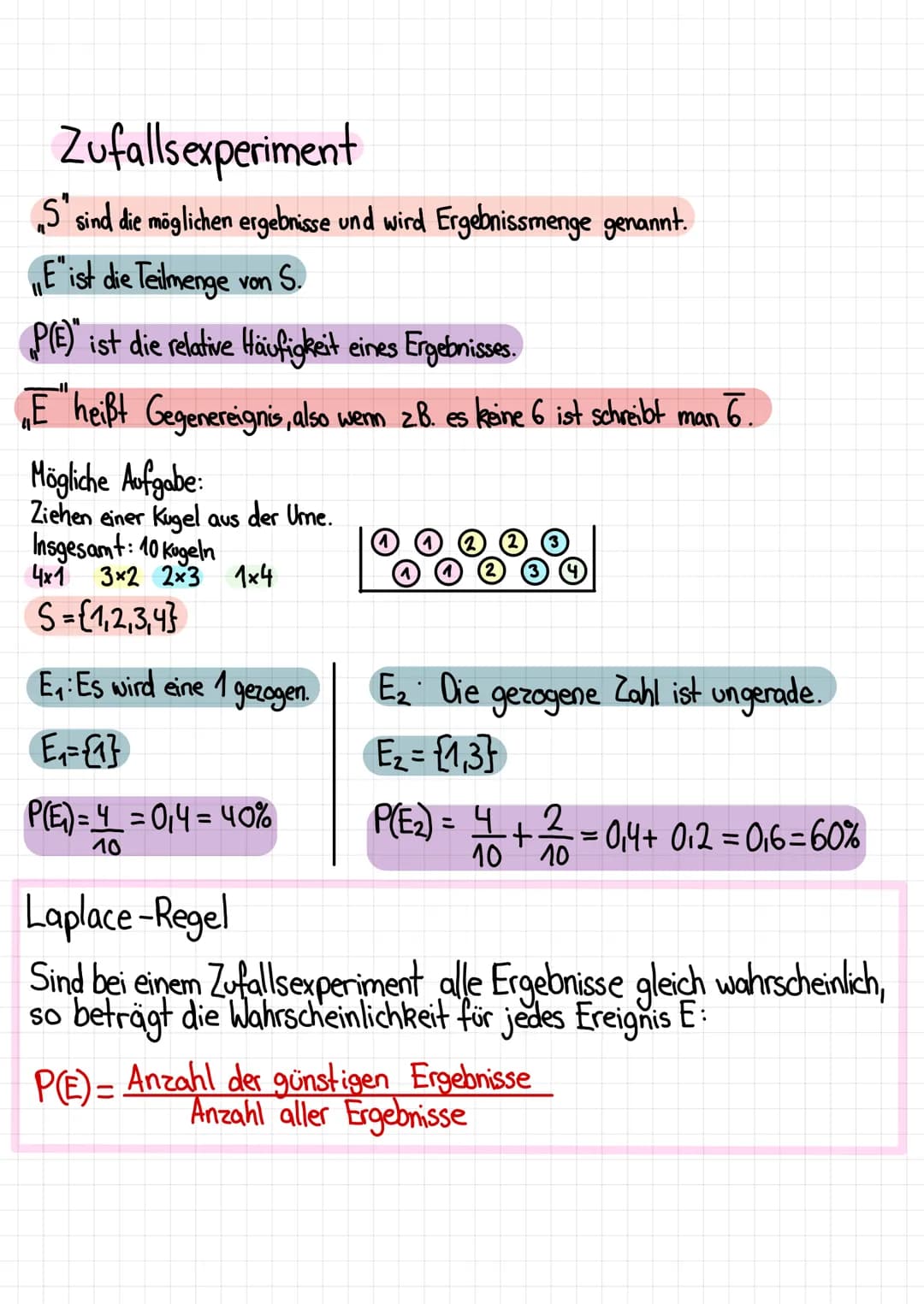 # Zufallsexperiment
„S" sind die möglichen ergebnisse und wird Ergebnissmenge genannt.
"E" ist die Teilmenge von S.
„P(E)" ist die relati