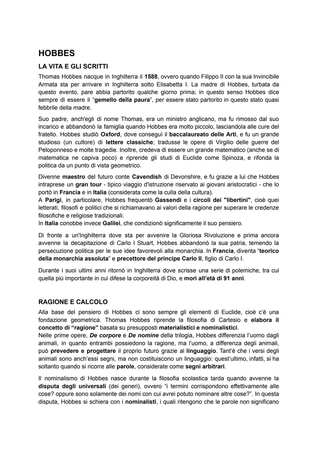 # HOBBES
LA VITA E GLI SCRITTI
Thomas Hobbes nacque in Inghilterra il 1588, ovvero quando Filippo II con la sua Invincibile
Armata sta per
